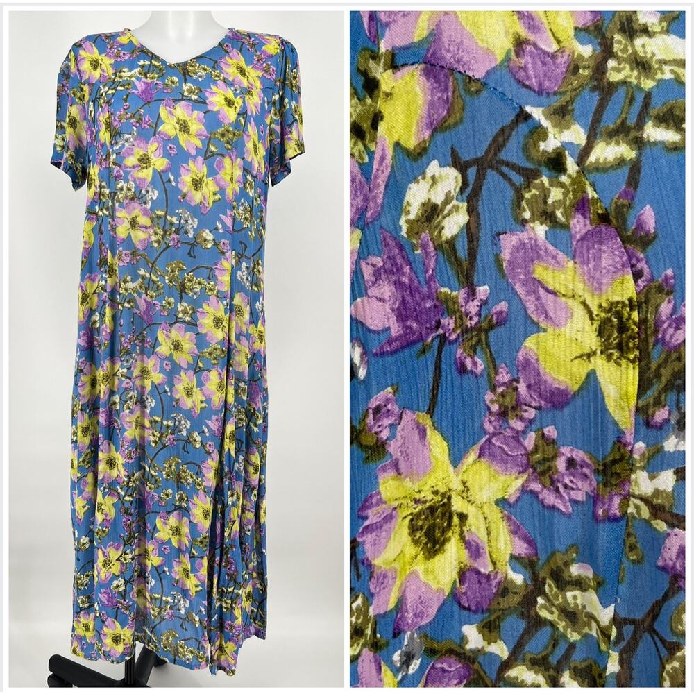 Vtg 90s Salon Studio Maxi Shift Dress Small Oversized Bold Floral Print Pockets